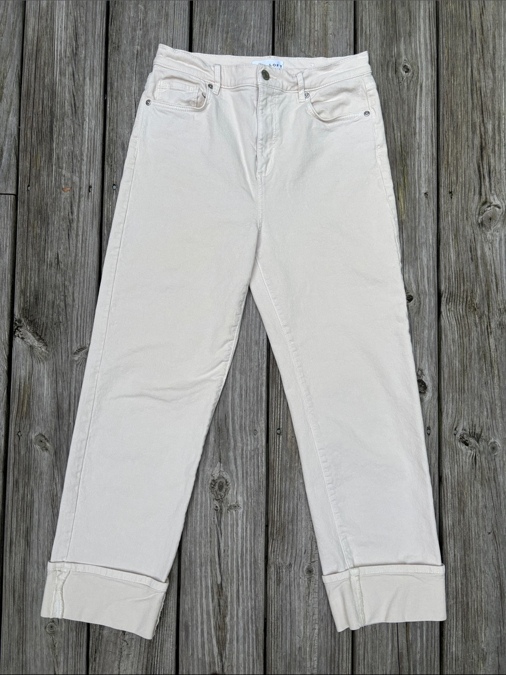 LOFT | Made & Loved Cream Straight Leg Wide Sewn Cuff Hem Jeans | Size 4